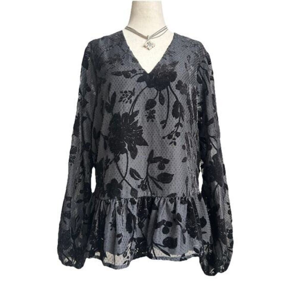 Express Velvet Burnout Top Sheer Sleeve‎ Floral Shimmer Ruffles Sz M Goth Chic